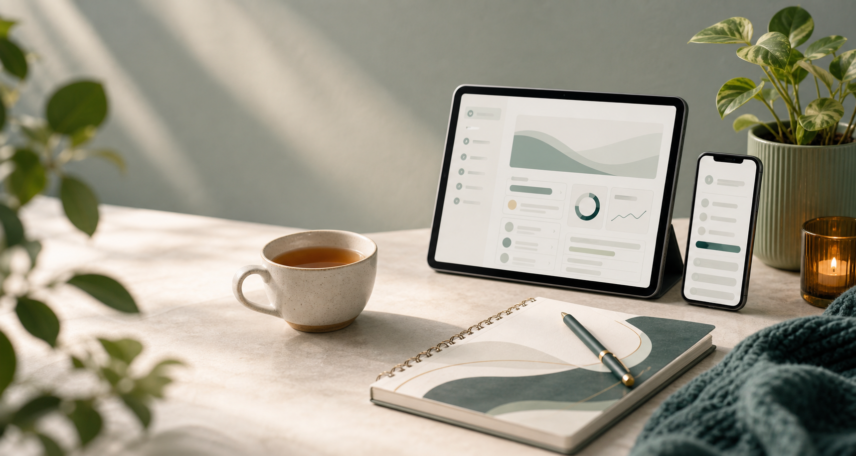 Calm desk scene with a workbook, tablet and phone representing an online programme.